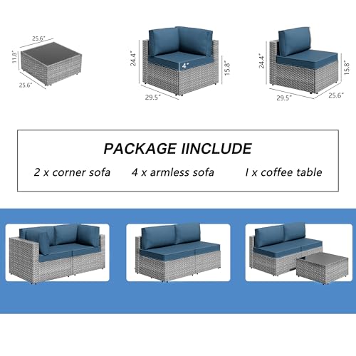 Shintenchi 7 Pieces Outdoor Patio Furniture Sets, Patio Sectional Sofa Couch, Silver Gray PE Wicker Furniture Modular Patio Conversation Sets Patio Sofa with Washable Cushions (Aegean Blue) - Image 4