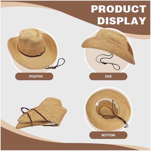 Image of Straw Cowboy Hats Western Cowgirl Hat for Holiday Woven Beach Sun Hat with Shapeable Wide Brim Cowboy Hat for Women /Men