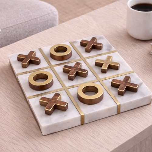 Image of Manor House Marble & Brass Tic Tac Toe Game Set | Natural Stone Board | Decorative Tabletop Strategy Game | Gift for Kids & Adults | Home Decor Accent | 6 Inch | Coffee Table Game