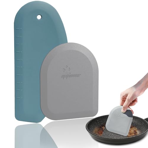 Bowl Scraper Dough Scraper Tool - Set of 2 Silicone Bench Scraper for Baking, Kitchen Pastry Scraper for Bread, Cake, Batter, cheese, Cream, Honey, Jam, Food Scraper with Curved Edge, Blue & Grey