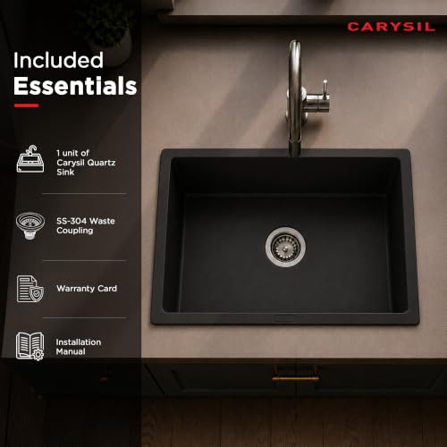Image of Carysil SALSA MAX Quartz Kitchen Sink 21 x 18 x 8 inches, Single Bowl, 80% Quartz & 20% Resin, Heat Resistant 300C, 50kg Load, Scratch & Stain Resistant, Granite Sink, 304 SS Coupling - Nera