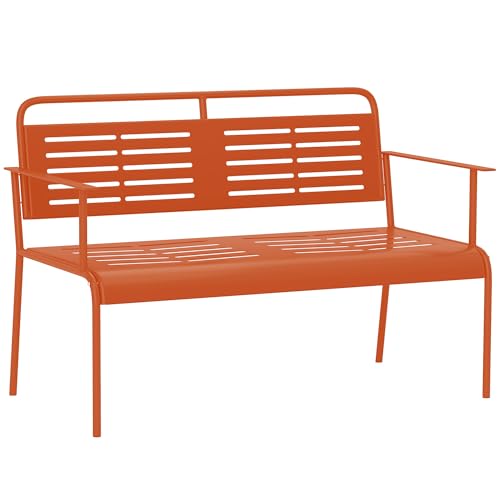 Outsunny Banc de Jardin 2 Places Banc extérieur Jardin en Acier avec accoudoirs et Dossier pour Balcon terrasse Patio véranda pelouse, 121 x 64 x 84 cm, Rouge