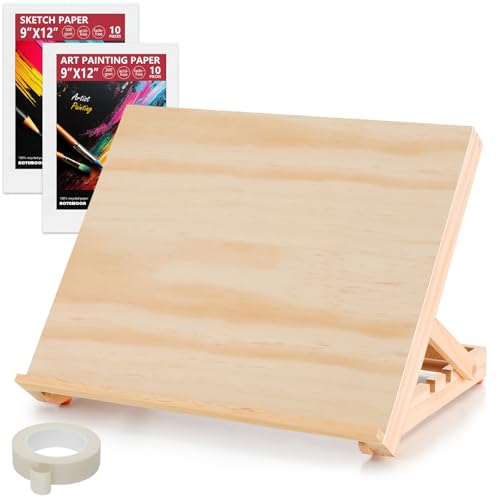 Tabletop Easel for Painting, 13.8'x11.4' Adjustable Portable Art Easel Includes Art Painting Papers, Sketch Papers and Masking Tape, Pinewood Drawing Board for Canvas, Books and Artwork