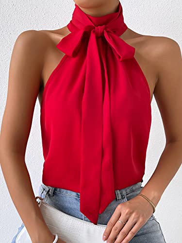 Verdusa Women's Tie Knot Halter Neck Sleeveless Blouse Shirt Top Red S #TOP3