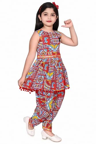 Image of Girls Ethnic Kurti and Dhoti Pant Set - Sleeveless Printed Outfit with Pom-Pom Hem | Dress for Kids