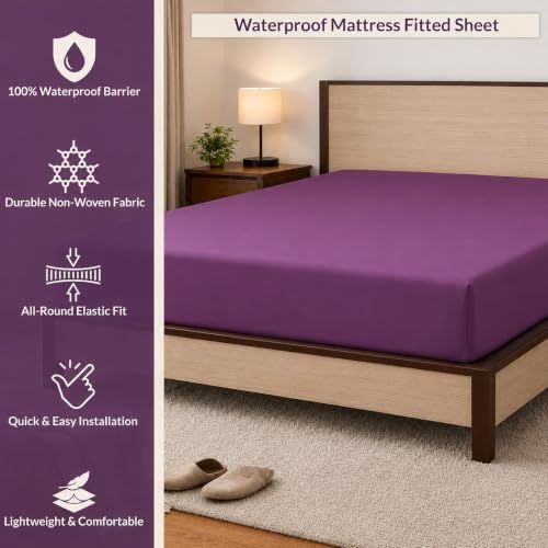 Image of 100% Waterproof Mattress Protector Double Size Bed 48x75 Inch, Non Woven Fabric Fitted Mattress Cover with Elastic, Waterproof Bed Protector, Hypoallergenic, 10 Inch Deep Pocket - Wine Purple