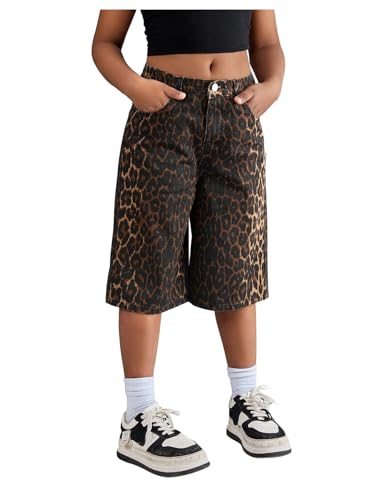 Milumia Girl's Y2k Leopard Print Jeans Straight Wide Leg Denim Cropped Pants with Pockets