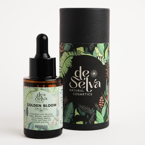 DeSelva Golden Bloom Facial Oil – Hydrating Glow Oil with Moringa, Argan, Pomegranate, Baobab & Marula – Organic, Vegan, Cruelty-Free, Lightweight, Fast-Absorbing Moisturizer for Oily & Dry Skin 1 oz