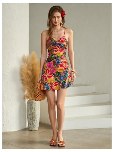 Image of Floerns Women's Summer Tropical Twist Front Ruched Ruffle Hem Bodycon Cami Dress
