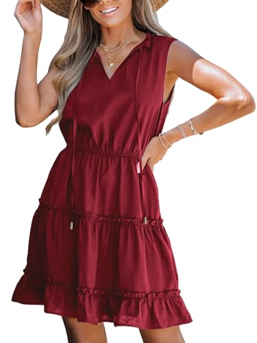 Image of CUPSHE Womens Summer Dresses Tie Neck Sleeveless Tiered Ruffle A-Line Tunic Mini Dress