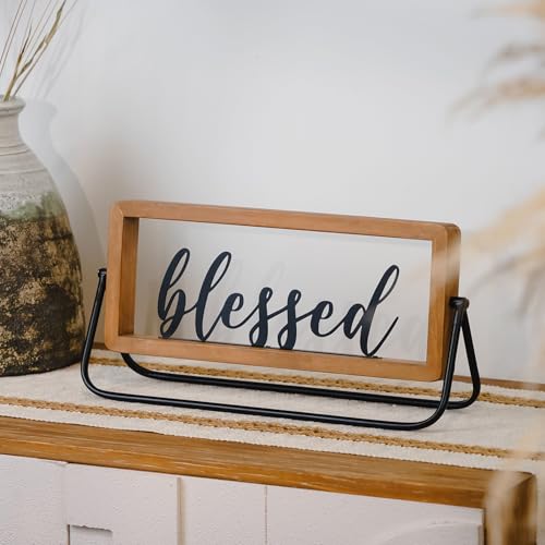 NIKKY HOME Wooden Blessed Sign, Rustic Table Blessed Signs Freestanding Word Sign Thanksgiving Signs Decor, Christmas Signs for Living Room Entryway Indoor Decor