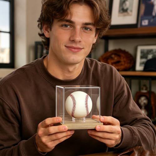 Image of Clear Acrylic Baseball Display Case with Wood Base, Single Ball Memorabilia Stand, Dust Protection Transparent Storage Box for Collections
