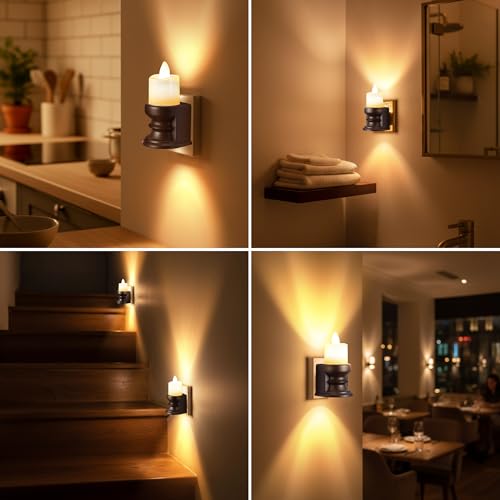 Image of Meonum Flickering Flameless Candle Night Light Plug in, Dimmable LED Nightlight with Dusk to Dawn Sensor, Decorative Candle Light for Bedroom, Hallway, Bathroom (1 Pcs,Warm Yellow & Brown Base)