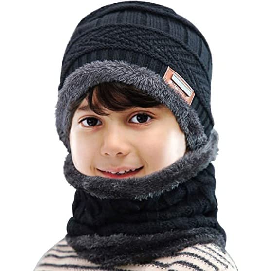 fashionio ™ - Boy's & Girl's Winter Knitted 2Pcs (1 Skull Cap + 1 Neck Warmer) Warm Fleece (Inside Fur) Lining Set - Black Color-picture-5