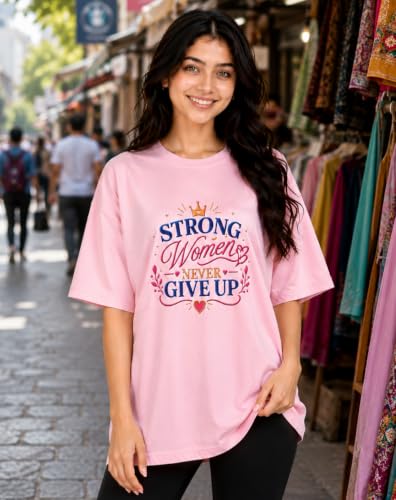 Image of SYARA Oversized Tshirt for Woman Pure Cotton Stretchable | Oversized T Shirt for Women | Premium Breathable Round Neck Half Sleeve Printed Pink Casual T-Shirt