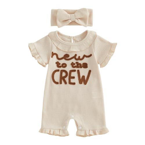 Image of allshope Newborn Baby Girl Summer Outfit Romper Letter Embroidery Ruffle Collar Jumpsuit Bodysuit Cute Infant Waffle Clothes