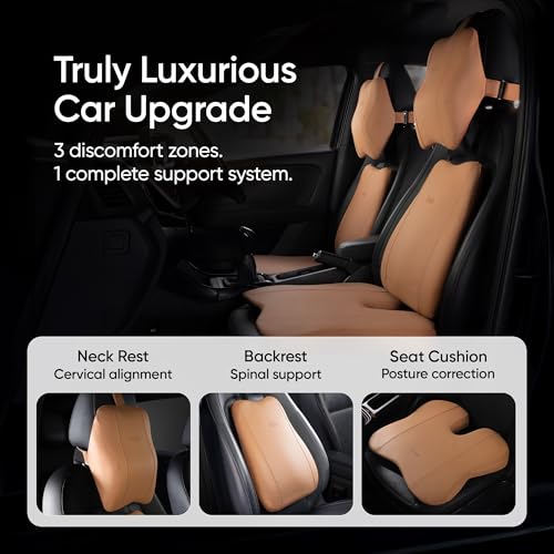 Image of Frido Premium Car Comfort Bundle with Memory Foam Neck Rest, Lumbar Backrest and Wedge Seat Cushion Set of 3, Ergonomic Neck Back and Tailbone Support for Long Drives and Daily Commutes | Tan