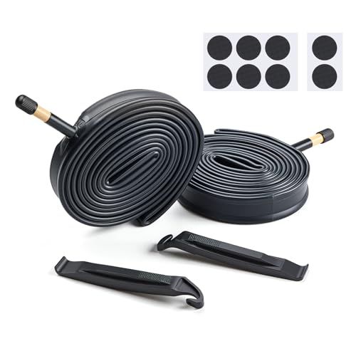 Fitense 2 Pack Road Bike Inner Tubes 700 x 23-25c, 48mm Schrader Valve Bike Tube with 2 Pcs Tire Levers & 8 Pcs Bike Tire Pre Glued Patchs, Compatible for Road, Urban & Ouring Bicycles