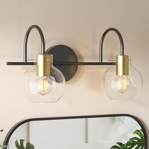 Image of Modern Bathroom Vanity Light 2-Light Wall Sconce, Black & Gold Finish with Clear Glass Shades, Bathroom Light Fixtures Mirror Lighting for Kitchen, Bedroom, Hallway, - Easy Installation