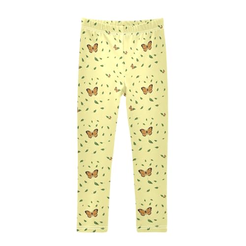 Butterfly and Green Leaves Girls Leggings,Workout Leggings for Girls Toddler Athletic Leggings Size for 3-10T