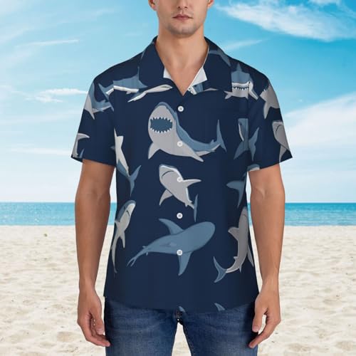 Blue Cartoon Shark Men's Cuban Collar Shirts Button Down Tropical Holiday Beach Shirts4