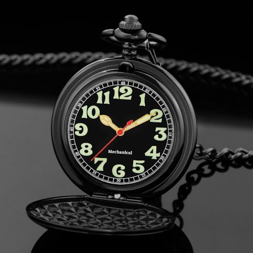 Image of Mens Pocket Watch Skeleton Mechanical Hand Winding Half Hunter Silver Black Golden Case Roman Numerals with Gift Box
