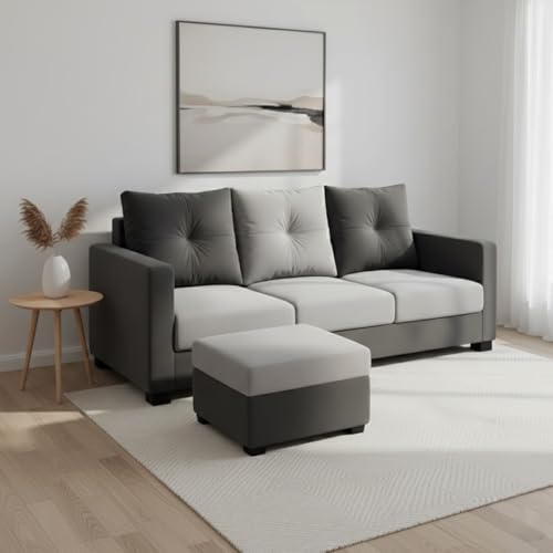 Image of FURNY Amonster 4 Seater L Shape Sofa Set with Movable Ottoman | Flexible Left or Right Layout | Plush Velvet Fabric (Dark Grey-Light Grey) | Perfect for Living Room, Guest Room & Office