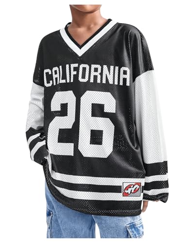 Verdusa Girl's Oversized Jersey Shirt Colorblock Long Sleeve Graphic Tee Top