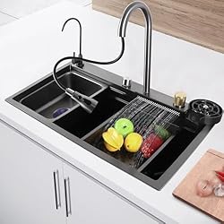 Fregadero Completo Fulgutonit Fregadero de Cocina Cascada Multifunción Negro,Nano Acero Inoxidable Fregaderos en Cascada de un 1 seno Estación Trabajo,con Lavadora de Tazas,Grifo Extraible,Accesorios Completos(75*46cm)