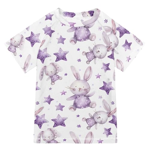 ALAZA Kids Rash Guard Girls Boys Toddler Swim Shirts Short Sleeve Purple Rabbit Star UPF 50+ 3T