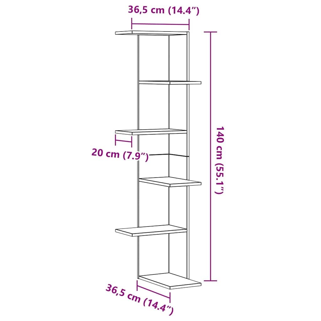 Estantería esquinera de pared de roble negro, 36,5 x 36,5 x 140 cm, 5 estantes, material de madera, moderno y resistente, fácil de montar, para pared, baño, cocina, salón, pasillo y