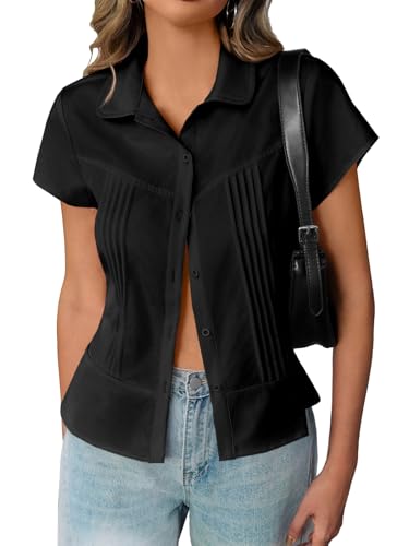 Cicy Bell Womens Short Sleeve Button Down Shirts Pleated Slim Fit Summer Dressy Casual Blouses