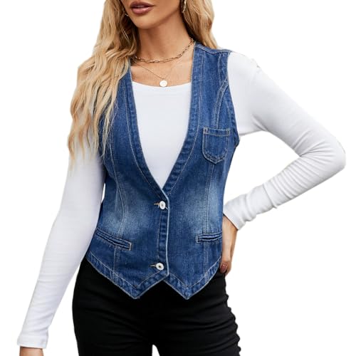 Ladyful Women's Denim Vest Top Sleeveless V Neck Jean Top Button Down Denim Waistcoat Vest