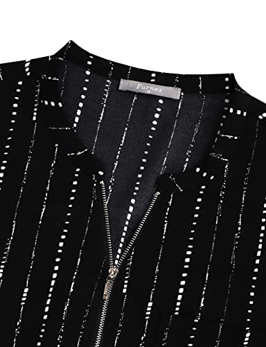 Furnex Women Chiffon Blouses, Women's Shirts With Zipper Formal 3/4 Cuffed Sleeve Work Blouses Office Tunic Shirt V Neck Ladies Dressy Tops Business Casual Tunics For Leggings Career Striped Shirts L #TOP3