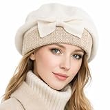 VECRY Lady French Beret 100% Wool Beret Floral Dress Beanie Winter Hat (Bow-Cream)