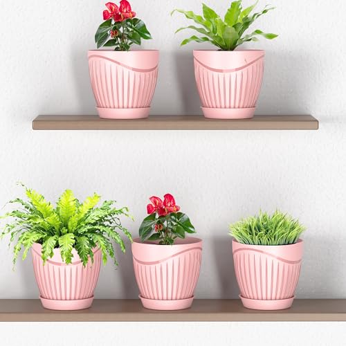 Image of ELUVIA Plastic Plant Pots with Drainage Holes and Trays - Set of 5 (6 Inch) - Minimalist Decorative Indoor Flower Pots for Living Room, Balcony & Office Garden (Pink)