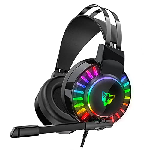 HEVÜY Gaming Headset Over Ear,Kopfhörer PC mit Mikrofon Surround Sound LEDs Noise Cancelling,Kann Licht steuern,LED-Blinken,Komfort einfach zu bedienen Cover