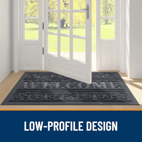 Image of OLANLY Welcome Door Mat Indoor Outdoor Entrance, Heavy Duty Sturdy Front Door Mat, Waterproof All-Weather Doormat, Stain Resistant, Low Profile, Easy Clean Patio Entryway Mat, 29.5 x 17, Medium Grey