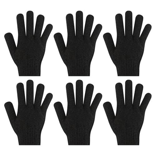 6Pcs Exfoliating Gloves - Bamboo Shower Gloves - Bath and Body Exfoliator Mitts - Scrubs Away Ingrown Hair and Dead Skin - for Shower Spa and Massage Cell Remover Loofah - Deep Black