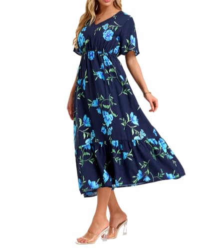 Image of Women's Summer Short Sleeve Maxi Floral Flowy Dresses with Pockets