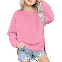 Arshiner Girls Sweatshirt Ultracomfortable Autumn Winter Crew Neck Solid Colour Sweater Casual Fashion Sport Long Sleeve Shirts for Kids 11-12 Years Pink