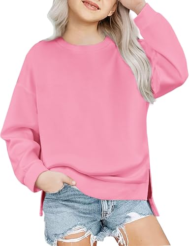 Arshiner Girls Crewneck Sweatshirt Long Sleeve Pullover Tops Drop Shoulder Sweatshirts Side Split Tops For Girls 8-9 Peach Pink cover