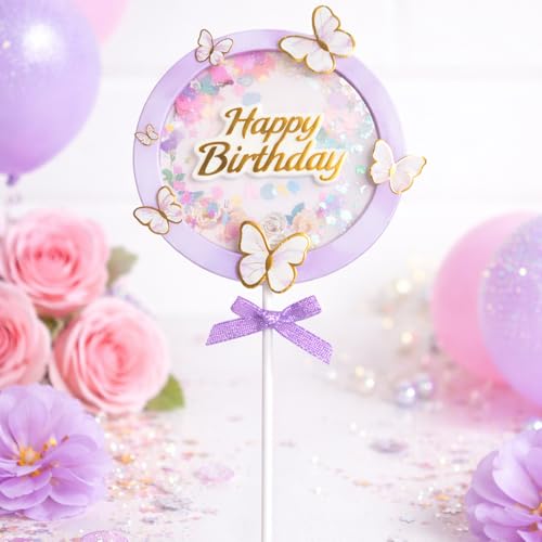 Image of Rozi Decoration Happy Birthday Cake Topper with Butterfly Theme | Cake Decoration | Pastel Purple Birthday Cake Accessory for Kids Party Pack of 1 Pcs