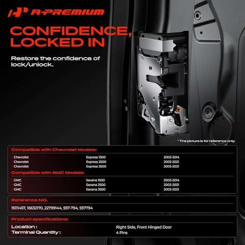 Image of A-Premium Front Right Side Hinged Door Latch Lock Actuator Without Power Lock Compatible with Chevrolet & GMC Vehicles - 2003-2021 Express 1500 2500 3500, Savana 1500 2500 3500, 4 Pins