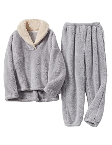 Yeokou Women's Fleece Pajamas Sets Fluffy Sleepwear Warm Sherpa Pullover Pants with Pockets(Grey-S)