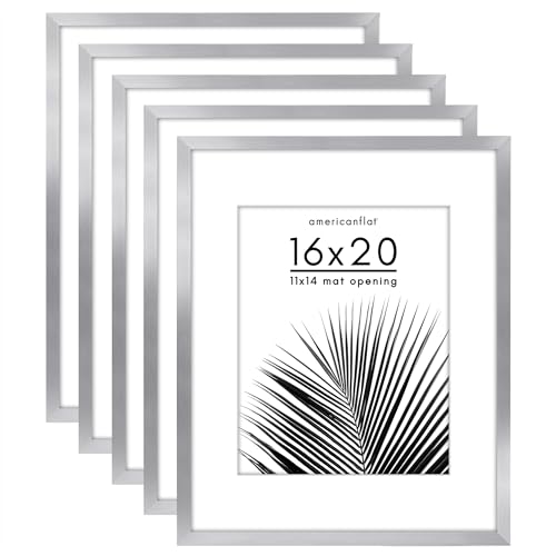 Americanflat 16x20 Picture Frame with Polished Plexiglass - Set of 5 - Use as 11x14 Frame with Mat or Display 16x20 Photo Without Mat - Galleria Collection - Picture Frames for Wall Display - Silver by Americanflat - Used condition - US$48.04