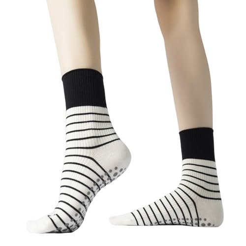 Image of Verdancy Yoga Pilates Socks with Grips for Women Non Slip Striped Cushioned Crew Socks for Barre Ballet Dance