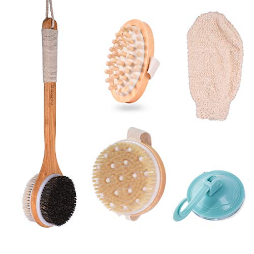 5 Piece Dry Brush Set, Long Handle Bath Brush, Bath Glove Exfoliates and Revives Dry Winter Skin, Round Head Body Dry Skin Brushes Reduces Cellulite, Elliptical massager Promotes Lymphatic Flow