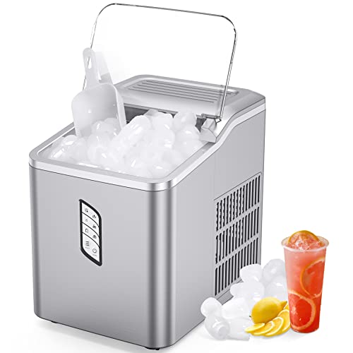 Ice Maker Machine Countertop, Portable Ice Maker, 26lbs/24Hrs 9 Bullet Ice in 6-8 Mins, Compact Ice Maker Electric, Self-Cleaning, L&S Ice Size, Scoop&Basket, for Home, Party, Kitchen, Office, Silver