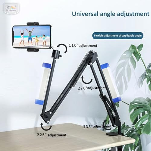 Image of BROLAVIYA Overhead Video Mobile Stand with 17cm Rechargeable LED Tube Light, New Extra-Long Arm, 1 /4 inch Head, 2 Way Clip Clamp, and Mobile Bracket, for Photography, Video, reels, Black